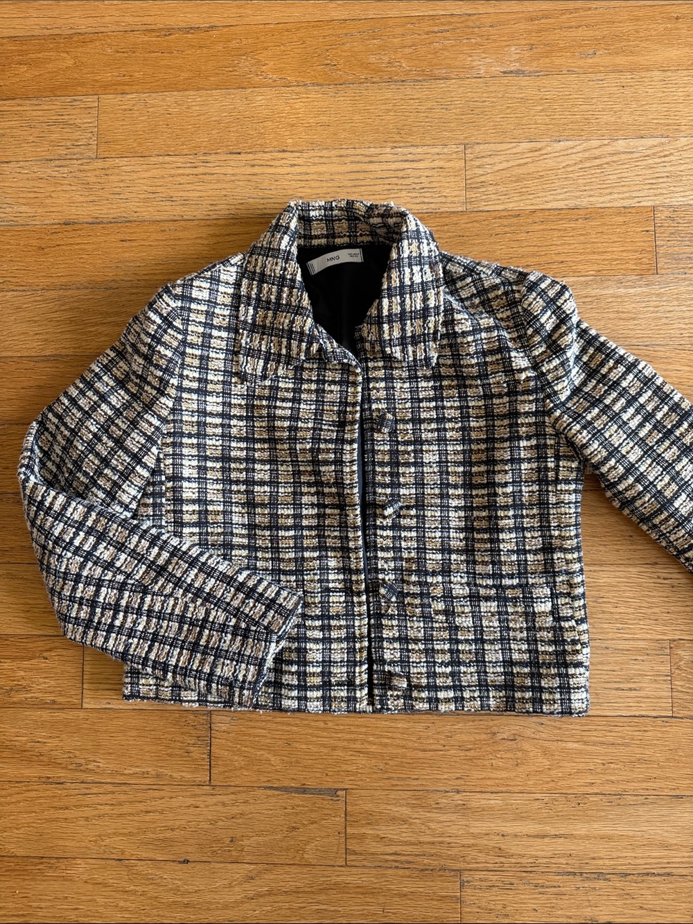 Mango Navy and Cream Tweed Cropped Jacket